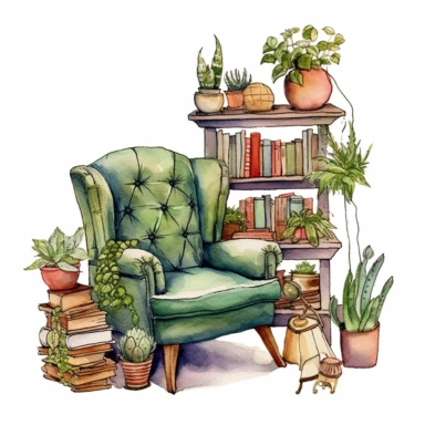 A boho style library corner with watercolor effect, boho furniture, details, boho colors, suitable for digital clipart, white background, boho style green plants, on the white background, hd