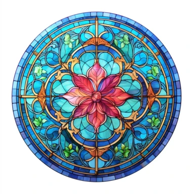 Front illumination of ultra realistic Stained Glass circle Window ClipArt, Watercolor Window, fantasy, queen of the night flower, on white background clipart watercolor, no text, no shadow, sublimination, 8k, high quality, award winning