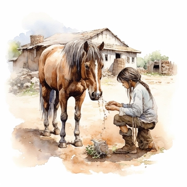 realistic watercolor drawing of an American native taking loving care of a pony on a charming farm, on a white background where the background will be removed to repurpose as a clipart.