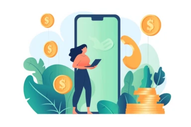 Secure mobile payment, money transfer or online finance concept with smartphone, woman, flying coins, wallet. Digital internet transaction or cashback banking illustration. Safe money transfer clipart