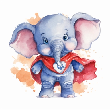 a powerful watercolor clipart image with a white background, portraying a cute cartoon elephant superhero with a symbol on its chest