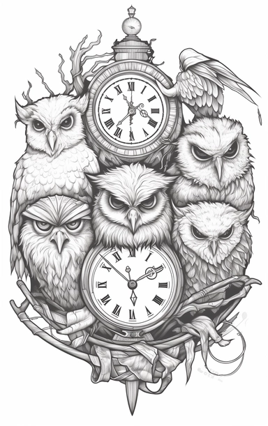 Coloring cartoon page for adult,witch clipart 6 witches, owl, in the style of reimagined by Dr. Seus, mystic mechanisms, illusory images, witchcore, lith printing ,clear and clean line art, white background