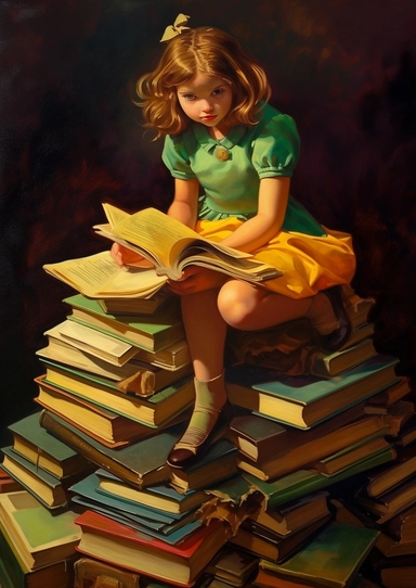 girl playing reading on table free download clipart, in the style of piles/stacks, dark emerald and yellow, colorful cartoon, arthur sarnoff, артур скижали-вейс, masculine, rinpa school