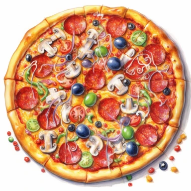 Subject: A large pizza with lots of toppings Type: Realistic colored pencil drawing Position: Close-up view from above Prompt: Create a mouth-watering pizza clipart that will make people crave for a slice. Draw a large pizza with an array of toppings, such as mushrooms, pepperoni, bell peppers, and olives. Ensure that the colors of the toppings are vibrant and realistic. Use colored pencils to mimic the texture of melted cheese and crispy crust. The pizza should look fresh and hot. Draw the pizz