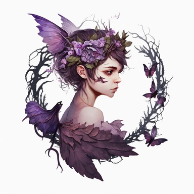 clipart, pixie, floral crown with thorns, purple old dress, wings, white background