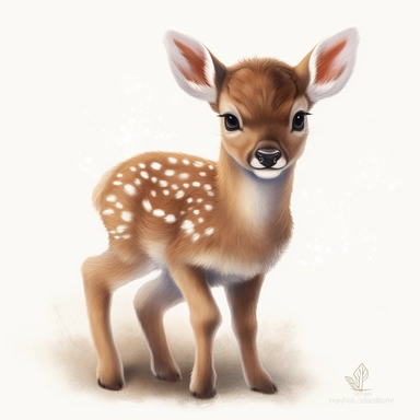 Only image. Create a charming and adorable cute baby deer clipart in hyper realistic style against a white background. It should feature a playful and whimsical representation of a baby deer , with exaggerated features such as large ears, set against a clean and simple white background, with the focus on the seal expressive face. deer should have fluffy lovely fur that is smooth. It should Look young and cute, fur color should be in HDR. face should be happy and looking at viewer. Eyes should be