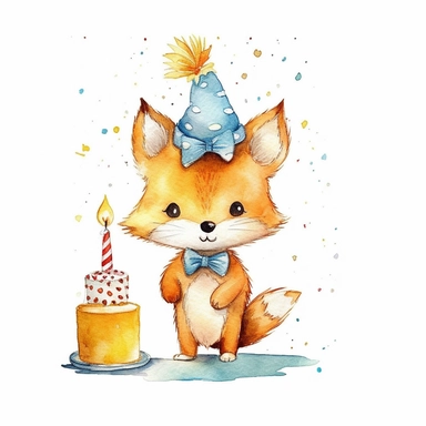 watercolor illustration, cute fox with yellow paper hat, birthday cake, friendly face expression, standing, nursery art, white background, clipart style, cute style