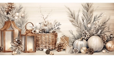 Christmas decoration elements . Watercolor holiday clipart. Winter illustration. Christmas tree, firewood basket, socks, xmas balls, candle, pillow, wooden tray. Neutral color wallpaper,