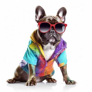 french bulldog, transparent backround,clipart,4k hd,full body,different positions,clothes,sunglasses, really really colorful