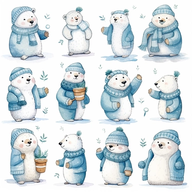 Charming polar bear clipart in the style of henry moret, showcasing these adorable arctic animals in various playful poses and expressions, adorned with winter accessories