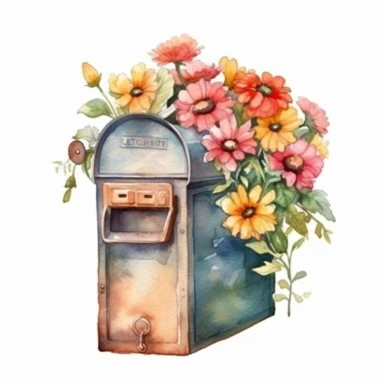 mail box with flowers, Watercolor, Illustration, Clipart, Isolated on White Background, Photorealistic, 32K, HD