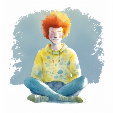 a young man with red crazy hair sitting in meditation smiling wearing yellow pants and a blue sweater, bright pastel watercolor, clipart, solid white background, in the style of Evgenia Malina