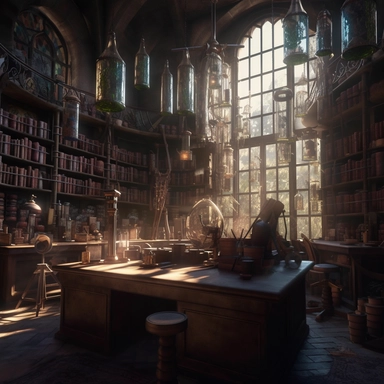 A wizard's library/laboratory is an impressive space that appears to blend academic knowledge with magic. The room is surrounded by tall dark wood shelves containing numerous old books and glass bottles filled with potions. The space is well-lit by high, narrow windows that allow natural light to enter. In the center of the room, there is a large sturdy table filled with scientific equipment such as microscopes, test tubes, and pipettes, along with magical ingredients such as bat wings and unico