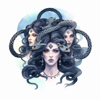 Ancient Greek gothic style beautiful impressive three Mythologic dark goddess with in many snakes at the midnight with watercolor effect,suitable for digital clipart,white background,Magical scene,many dark twinkles,Dark colors,Unrealistic scene,ancient g
