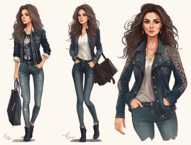 Girl Fashion, Lady boss Fashion Business woman clipart Fashion, realistic drawing, amber eyes, with jacket and jean and nice shoes, full body
