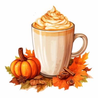 watercolor pumpkin spice latte, highly detailed color ink illustration, autumn season details, white background clipart 8k