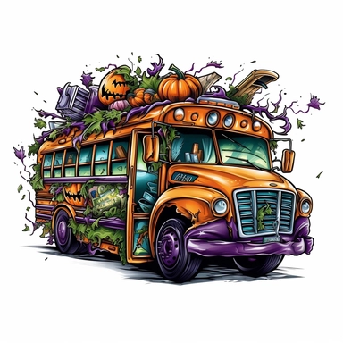halloween school bus Sublimation Clipart, Cartoon, hyper realistic, intricate detail, illustration style, high solution, on the white background, green, purple, orange, oil paint