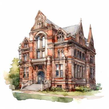 a watercolor of a realistic scenery of an old library building, victorian style, vector free clipart illustration, in the style of unreal engine 5, 32k uhd, detailed features, white background