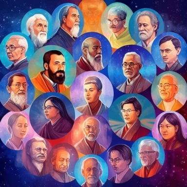 A professional digital art illustration hand painted style of spiritual leaders clipart collection on universe background