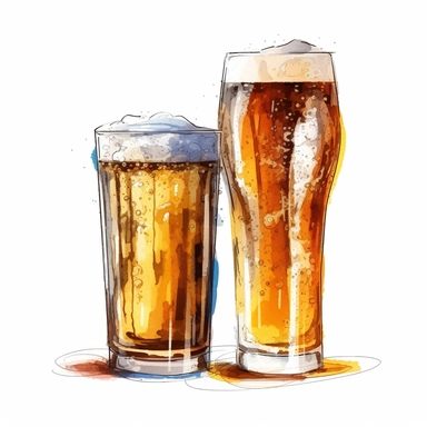 one cold beer clipart on a white background, in the style of ink wash painter, light azure and dark amber, light amber and silver, light gold and light amber, luminous 3d objects , no watermark, text, 300 DPI , typography, shapes do not stick together, no text in the picture, on a white background