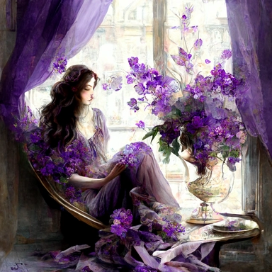 beautiful bouquet of purple flowers in large crystal glass vase, on a table in front of a large vintage window with flowing drapes, romantic, shabby chic, beautiful brunette lady, long hair, sitting in large winged upholstered chair reading, romantic, ethereal, clipart style, better defined face