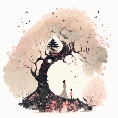 in the style of Ryo Takemasa, xuan loc xuan, Lisa Audit, Anastasia Suvorova, Jon Klassen, greg tocchini, single lady under sakura tree at night, fantasy, limpid, magical, mysterious, white background, vector, clipart, elaborate, ultra-detailed, best quality illustration, vibrant colors, high definition, UHD