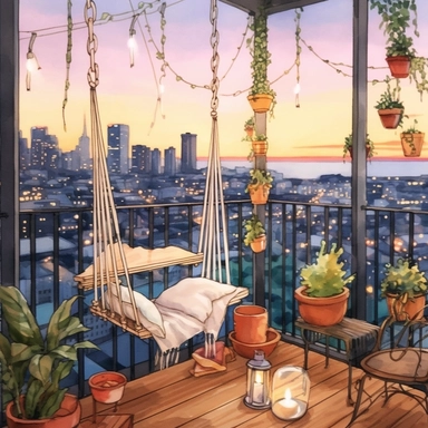 watercolor, hyper realistic, white background, white margins, 16k, ultra detailed clipart, cut out image, hand-drawn, whimsical manhwa style, ultra HD, sharp and clean art cozy balcony with a hanging swing chair, decorated with fairy lights and green plants, overlooking a city skyline in the evening
