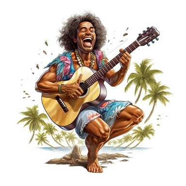 hawaiian man playing a guitar, beach-summer-tropical-hawaii themed Sublimation Clipart ,Cartoon,hyper realistic, intricate detail, illustration style,high solution,on the white background