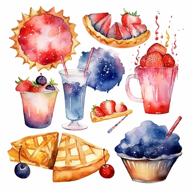 watercolor clipart set fireworks, state fair, blue ribbon, strawberry pie slice, lemonade, white background, photo realistic