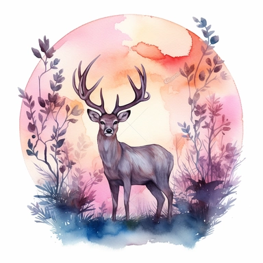 watercolor, hyper realistic, white background, white margins, 16k, ultra detailed clipart, cut out image, hand-drawn illustration style for picture books A magical deer with antlers made of branches and leaves, standing in a bed of blue and purple flowers with a pink sunset sky in the background.