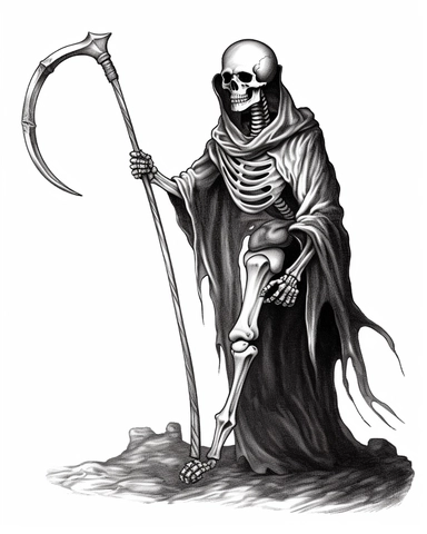 a drawing of a skeleton wielding a metal scythe, 1880–1950, epic fantasy scenes, witchcore, in the style of 15th century, clipart, medievalist, biblical art