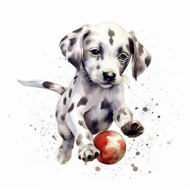Clipart, watercolor, white background: A baby Dalmatian playing with a spotted ball, exuding its playful and energetic nature.
