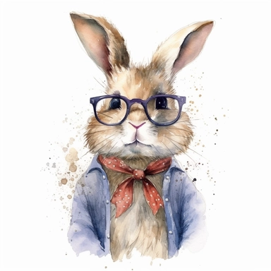 a cute rabbit clipart,unique outfit , different breed , full body , unique pose,wears glasses,have wardobes , white background , watercolors image , no other elements, clean shapes ,center and middle, cute