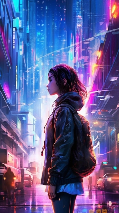 beautiful stunning pretty vintage cyberpunk anime girl, paint art style, clipart, city landscape background, superrealistic, one of a kind