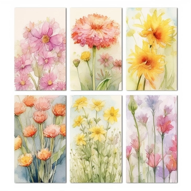 Create a breathtaking collection of ultra-detailed Watercolor Spring Flowers, capturing the essence of the vibrant and blossoming season. Showcase an array of enchanting spring blooms, from delicate daffodils to a variety of wild flowers, each delicately painted in watercolor. Embrace the soft pastel palette of spring, with gentle hues of pinks, purples, yellows, and greens that evoke a sense of freshness and renewal. Pay meticulous attention to detail, ensuring that each flower is meticulously 
