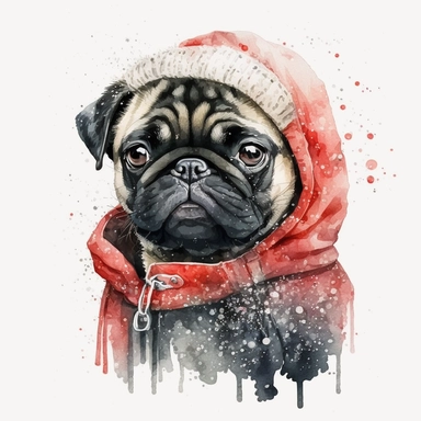 watercolor cute style, cute black pug in christmas winter coat, christmas head, christmas presents, smiles, cute, pug in red ears, it's snowing, white background, clipart