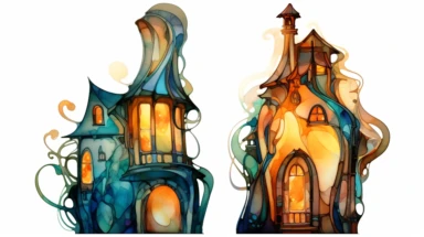 Alcohol ink cliparts, line art, teal and amber, muliple Art nouveau enchanted house simple logo, flowing lines, strong contours, clear, no background