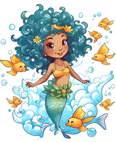 imaginary a cute, bi racial, curly haired, Ocean Fairy with gossomer wings, swimming underwater with dolphins, Kawaii for a children's book, cartoon style, thick lines, in color, no shading, line drawing illustration, no kid faces, no duplicate faces, blurry, drawing, cartoon, illustration, painting, concept art, cgi, unreal, anime, black&white, b&w, picture frame, deformed, bad anatomy, disfigured, poorly drawn face, mutation, mutated, extra limb, poorly drawn hands, done by bad-artist, ugly, d
