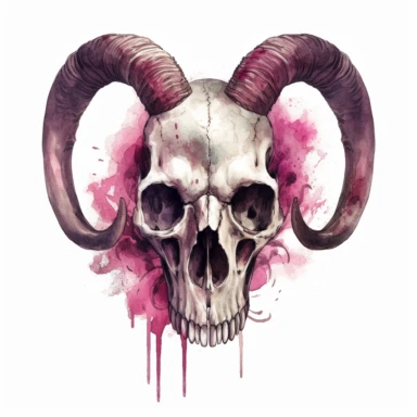 Vintage Halloween animal skull with horns, dark pink and black color, watercolor, clipart, illustration, white background no watermarks