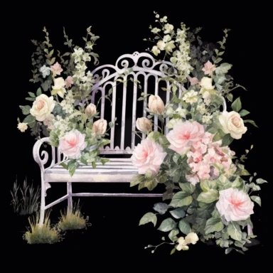 a set of unique EFFERVESCENT watercolor-style clip art images of white garden bench against a black background, The overall mood of the images should be a fantasy floral wonderland, with a focus on the beauty and fantasy of gardening and beauty, and the elegance of blush pink roses and whimsical designs. single design clip art, think French garden in the springtime, watercolor blush pink rose Garden Clipart, in the style of Leonid Afremov, each image must be on a black background with margins, e