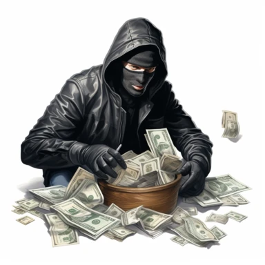 high def photograph clipart vector image with plain white background of a hyper realistic high definition photograph of a robber with money. extremely detailed. 35mm lens. 8k. Ultra HD.