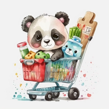 Cute and Happy baby Panda with a shopping cart and groceries, Clipart. watercolor style, white background