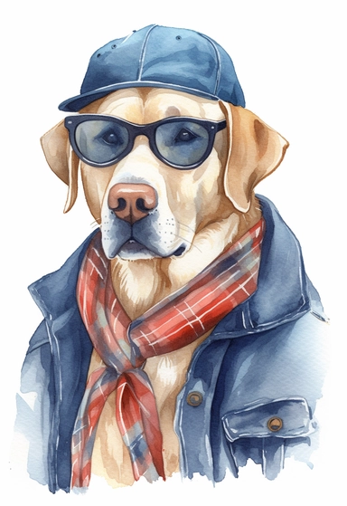 watercolour of a Labrador Retriever wearing a plaid flannel shirt with a denim vest over it, Complete the look with a wool hat and aviator-style sunglasses, clipart, colourful, pastel color, watercolour, single sheet