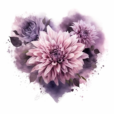 a heart shape made with Soft Purple and Pastel Purple Dahlia flowers, wet on dry watercolour style, dark gothic antique look, clipart, white background