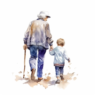 Cute Beautiful Grandma And grandson Is Going Full Body Back View Watercolor Clipart,Cartoon, hyper realistic, intricate detail, illustration style,high solution,on the white background