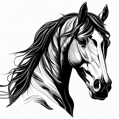 head of horse, black and white, no details, coloring book page, clean simple vector bold line graphics, only white background, bold black lines, strong outline, No fill, No solids, no words, no title, ink lines, coloring book drawing, no gray shadows, clipart, vector, all black colors, no thin lines,
