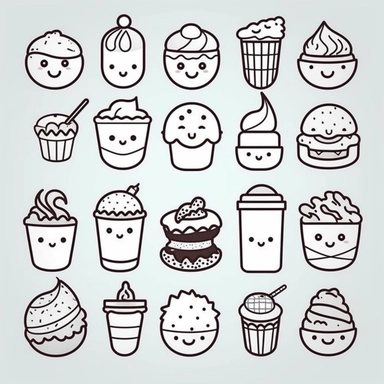 vector line art, Kawaii desserts clipart set - kawaii food - cute food - cakes - cupcake - donut - ice cream - pancake - croissant - cookie - nutella - Nursery clipart, black and white line art