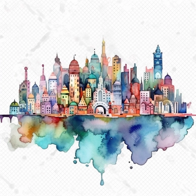 clip art watercolor, Future city, home, Full HD watercolor design, intricate details, colorful design, white background, smooth design, 8k