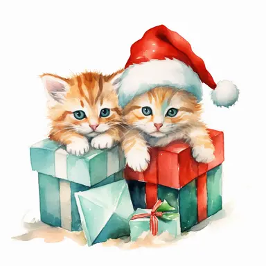 Clipart, watercolor, white background: Two adorable kittens wearing Santa hats, snuggled up together next to a stack of beautifully wrapped Christmas presents.