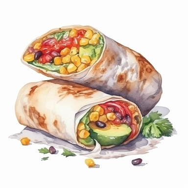 Burritos realistic detailed, watercolor clipart, white background